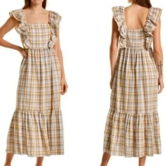 Madewell Ruffle-Sleeve Tiered Midi Dress in Plaid Cotton Tan Blue Size 10